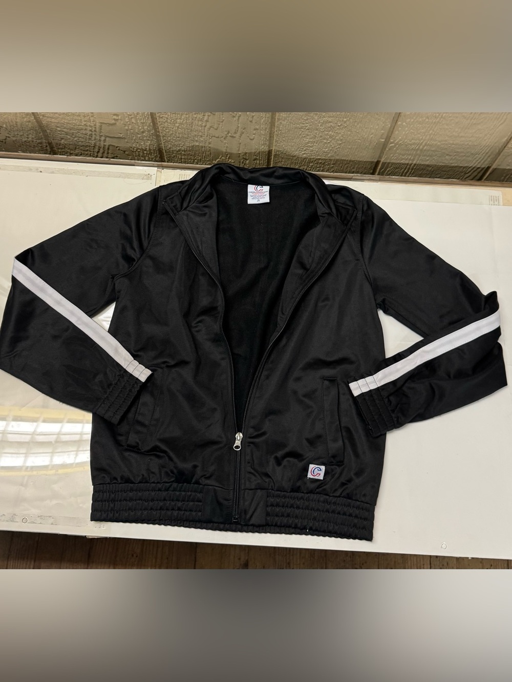 CC Dancewear Chearleading Jacket Black Varsity Coat with White Sleeve Stripes
